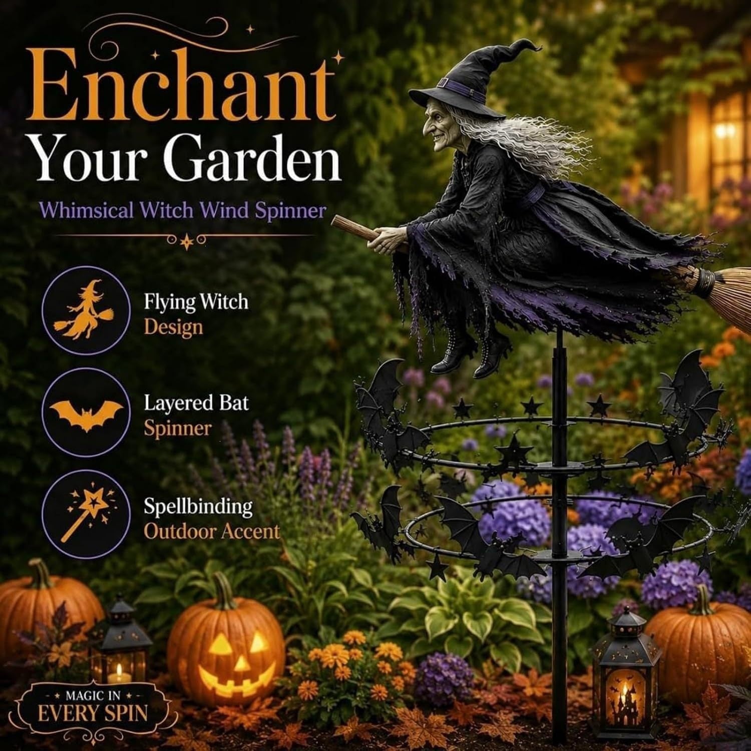 Halloween Witch Wind Spinner Outdoor Metal Garden Decor