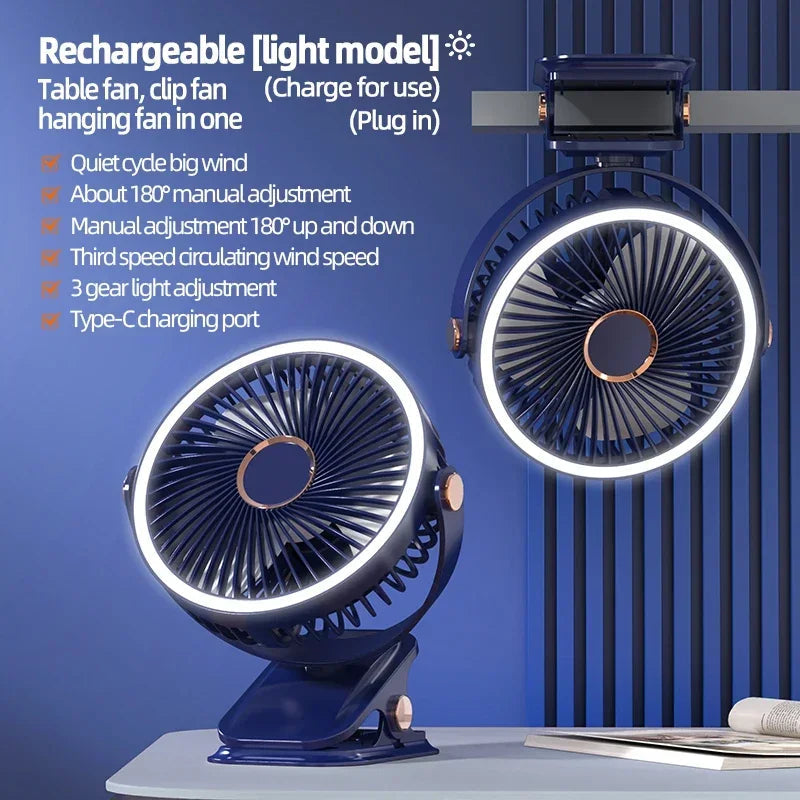 Rechargeable Portable Clip Fan with LED Light and 3 Speeds