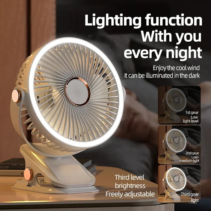 Rechargeable Portable Clip Fan with LED Light and 3 Speeds