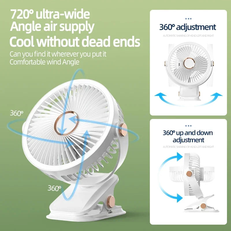 Rechargeable Portable Clip Fan with LED Light and 3 Speeds