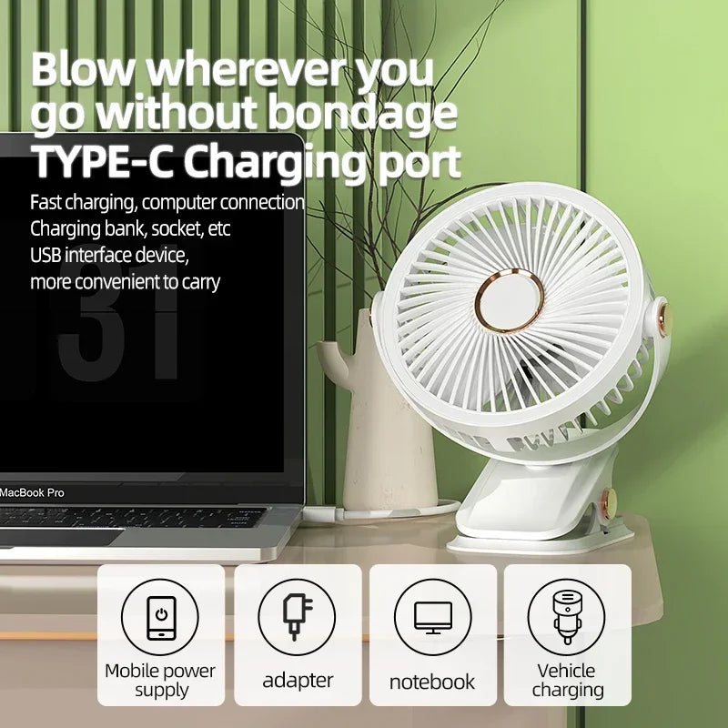 Rechargeable Portable Clip Fan with LED Light and 3 Speeds