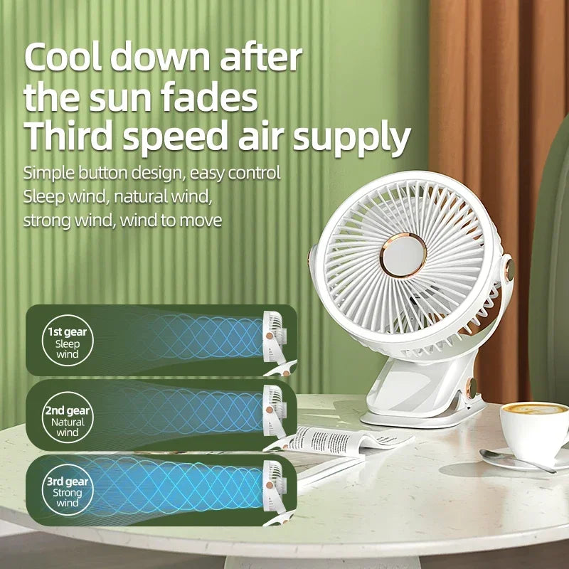 Rechargeable Portable Clip Fan with LED Light and 3 Speeds