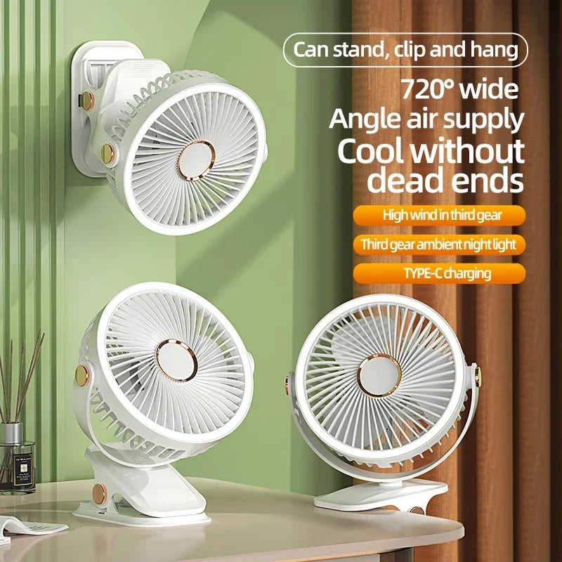Rechargeable Portable Clip Fan with LED Light and 3 Speeds