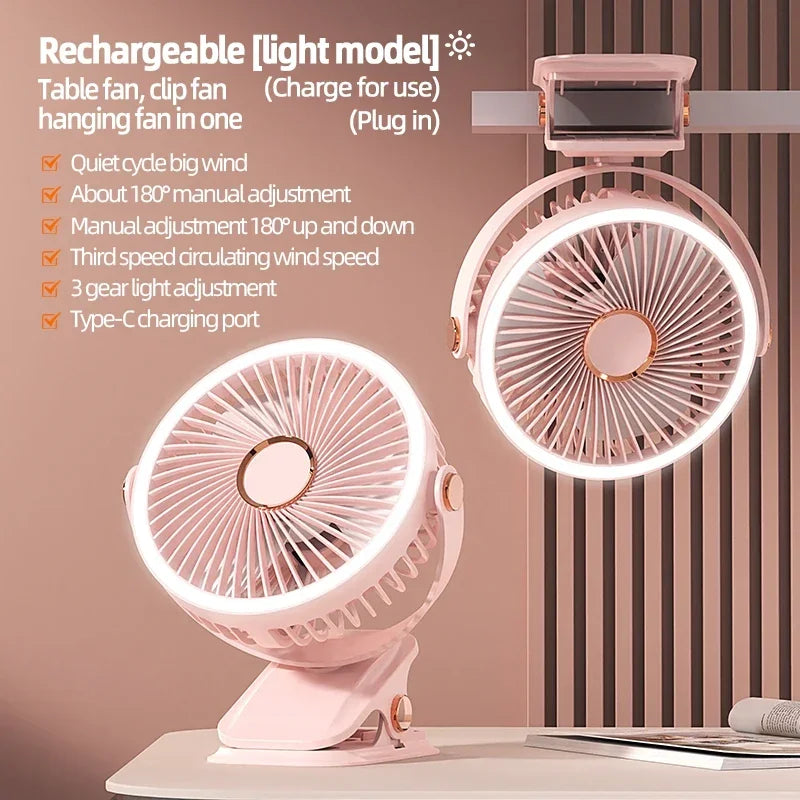 Rechargeable Portable Clip Fan with LED Light and 3 Speeds