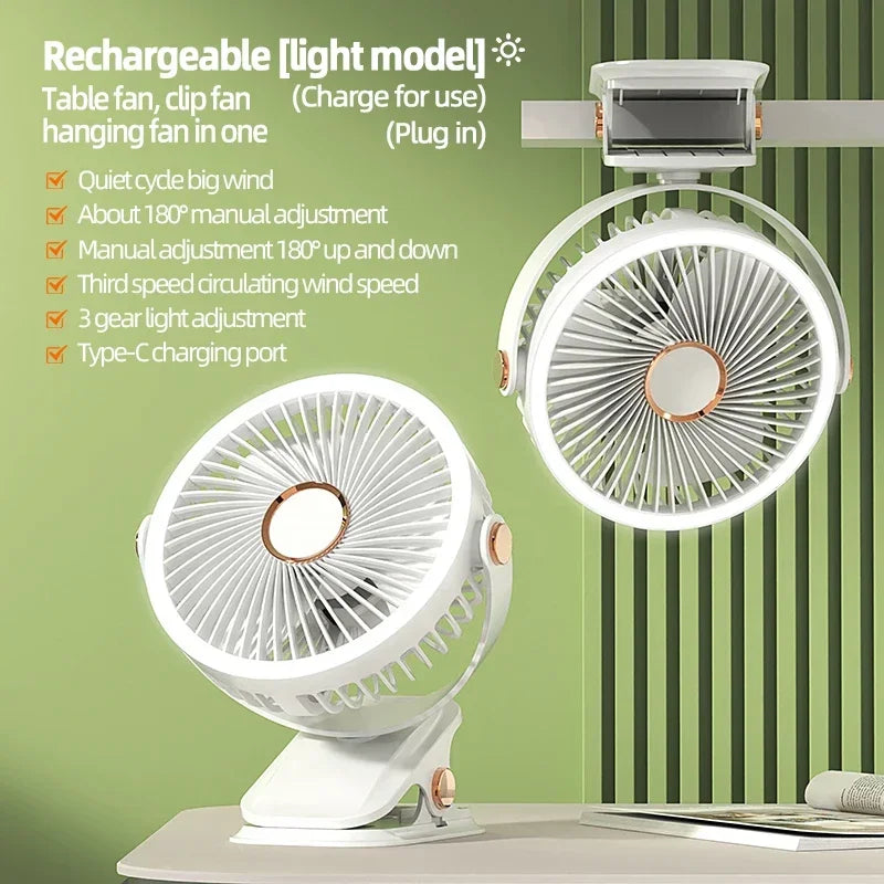 Rechargeable Portable Clip Fan with LED Light and 3 Speeds