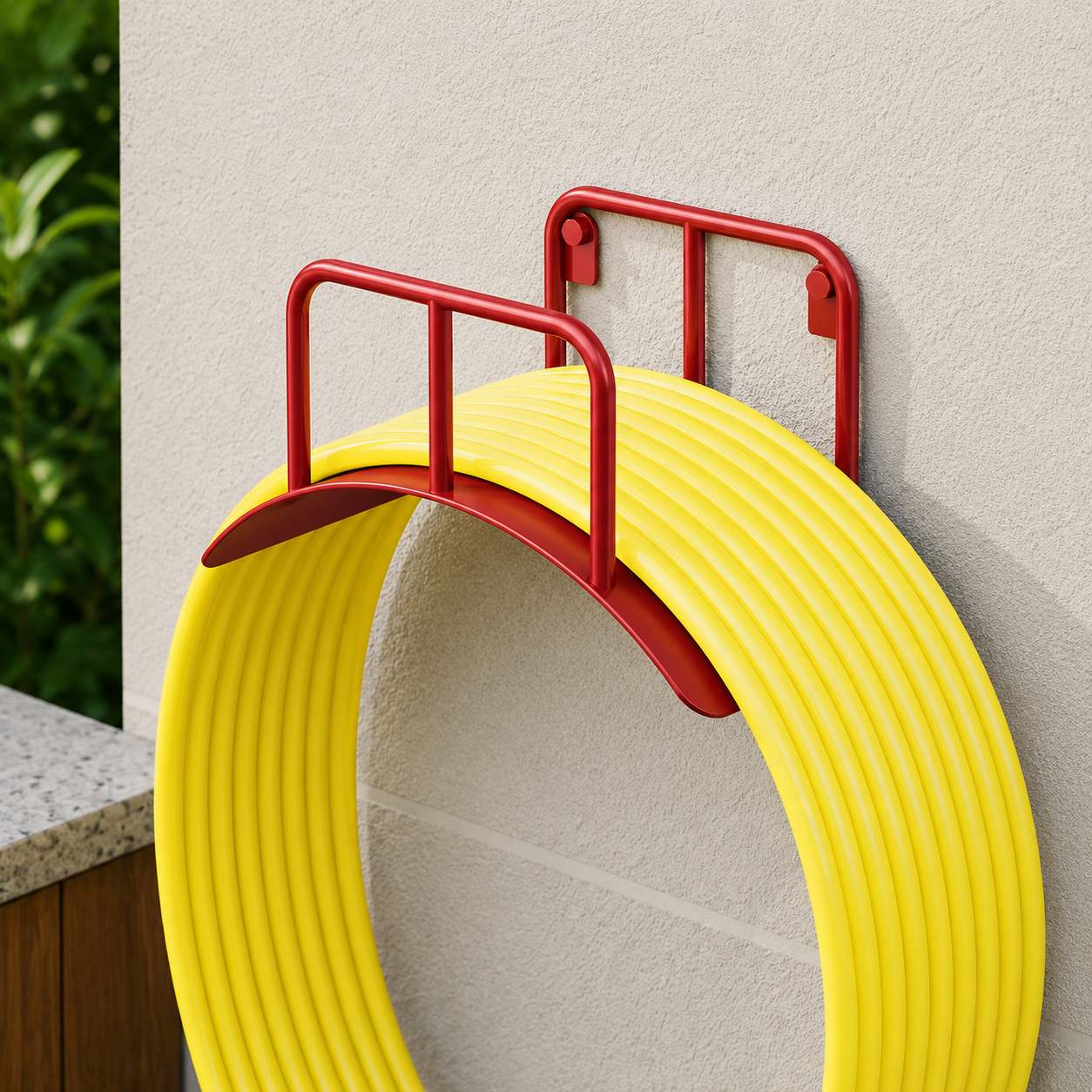 Red 304 stainless steel wall-mounted garden hose holder storing a coiled yellow hose