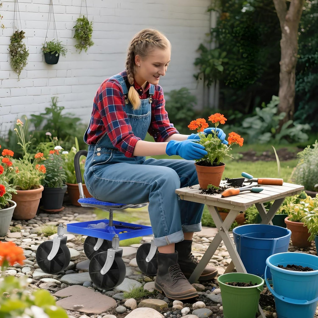 360° Swivel Garden Cart Seat - Adjustable Rolling Gardening Stool with Tool Tray & All-Terrain Wheels