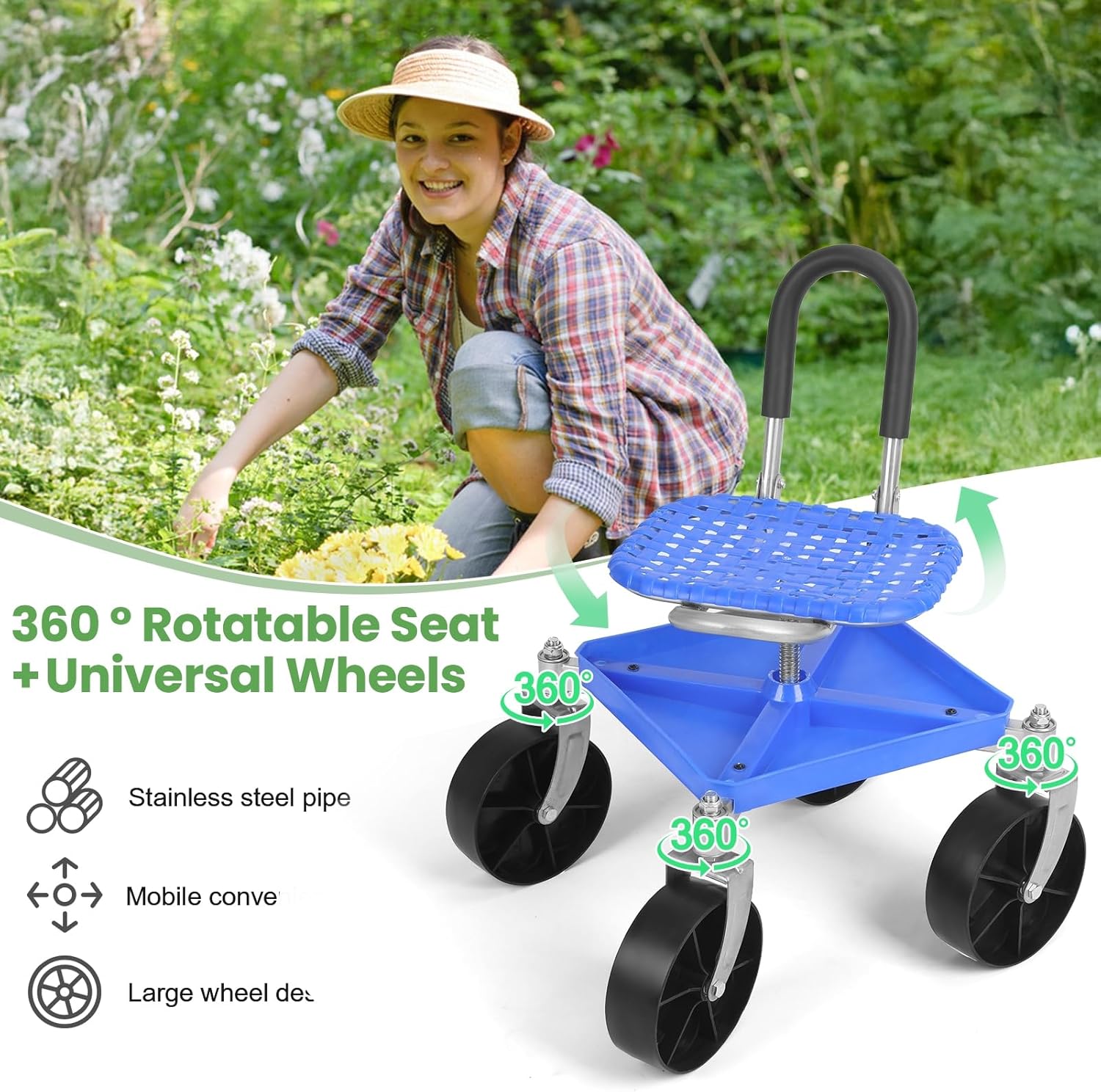 360° Swivel Garden Cart Seat - Adjustable Rolling Gardening Stool with Tool Tray & All-Terrain Wheels