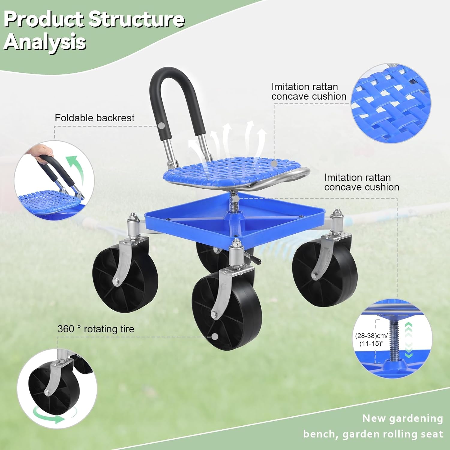 360° Swivel Garden Cart Seat - Adjustable Rolling Gardening Stool with Tool Tray & All-Terrain Wheels