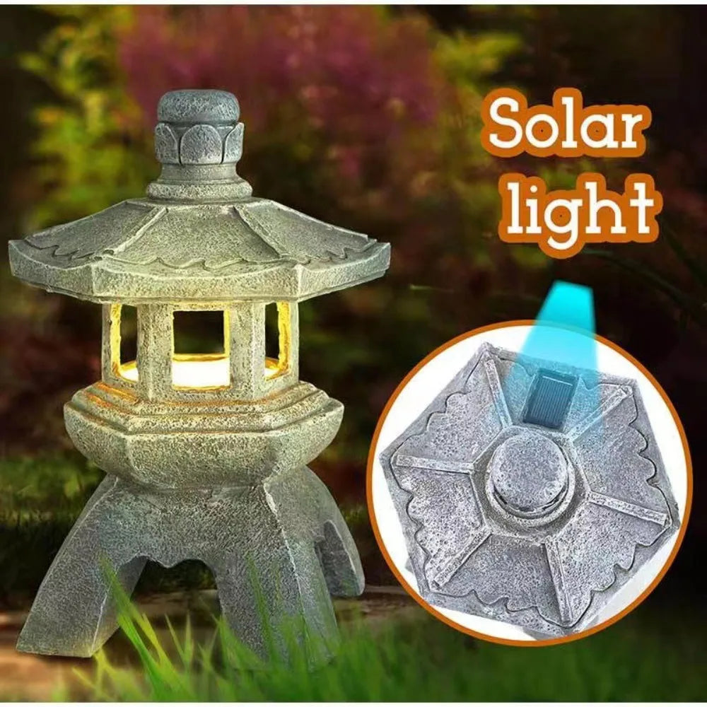 Solar Lantern Resin Stone Pagoda Garden Outdoor Light