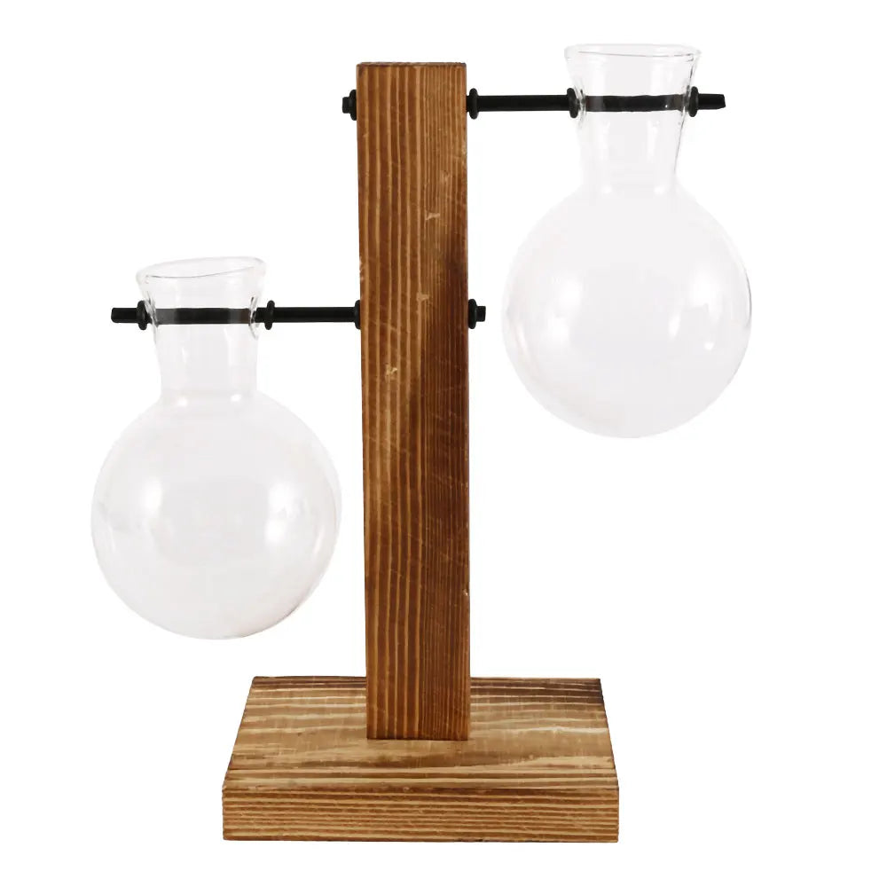 Glass Vase with Wooden Stand, Decorative Tabletop Flower Vase