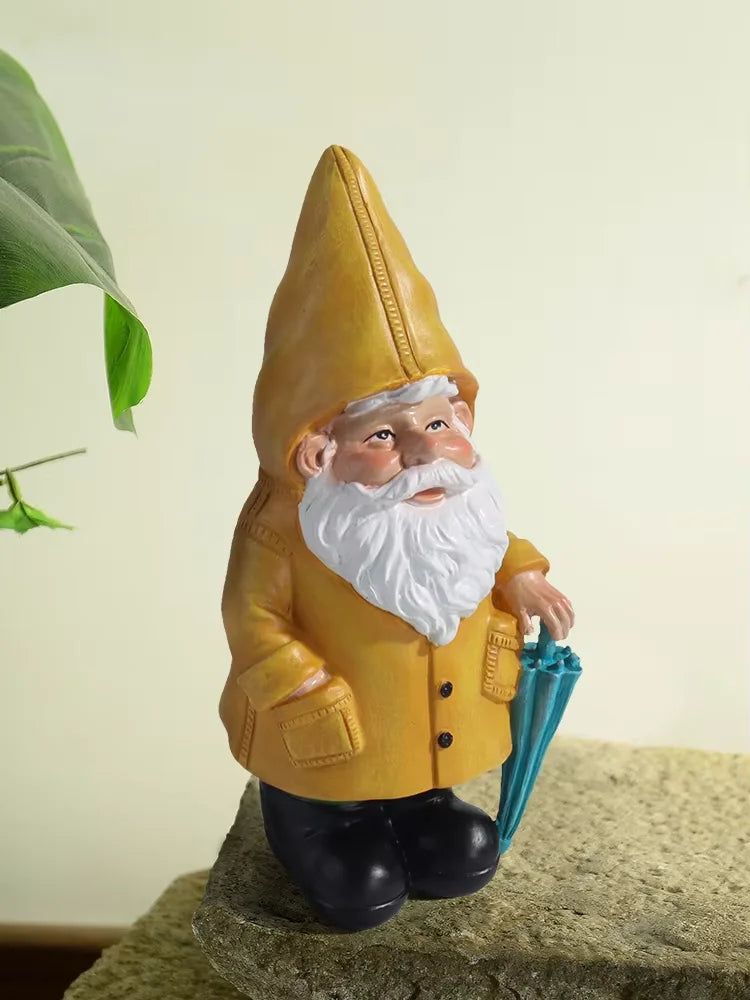 Garden Gnome Statue with Yellow Umbrella Resin Yard Decor