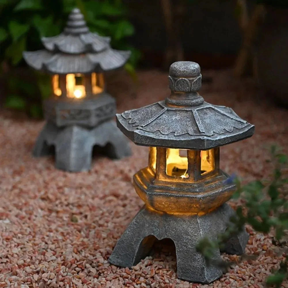 Solar Lantern Resin Stone Pagoda Garden Outdoor Light