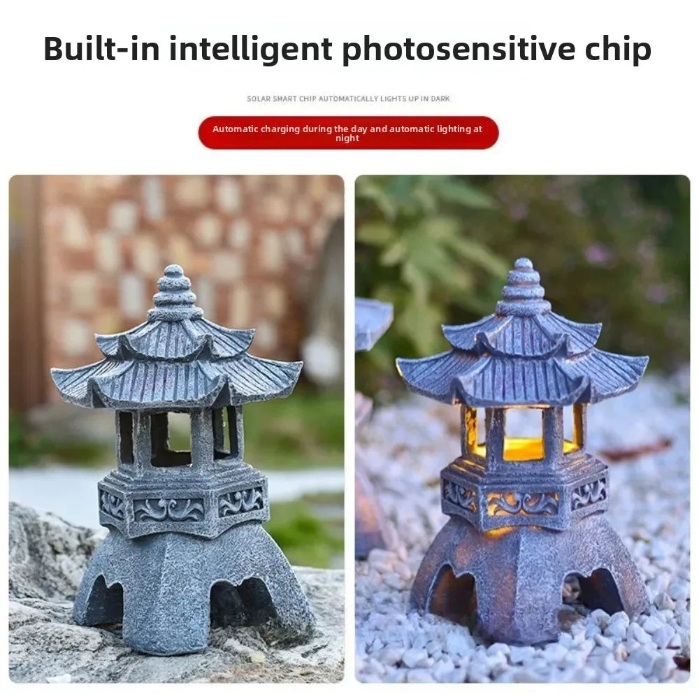Solar Lantern Resin Stone Pagoda Garden Outdoor Light