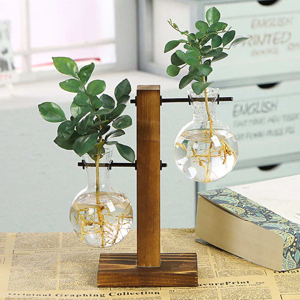 Glass Vase with Wooden Stand, Decorative Tabletop Flower Vase