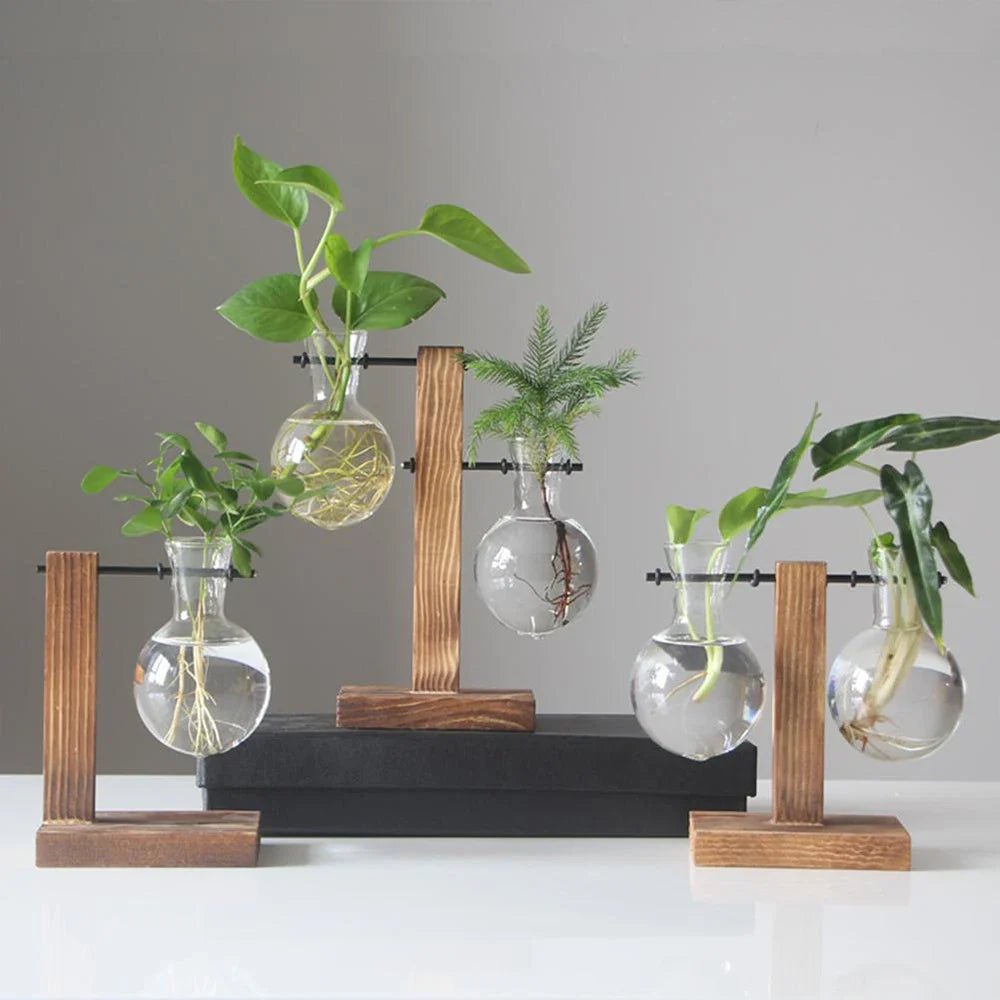 Glass Vase with Wooden Stand, Decorative Tabletop Flower Vase