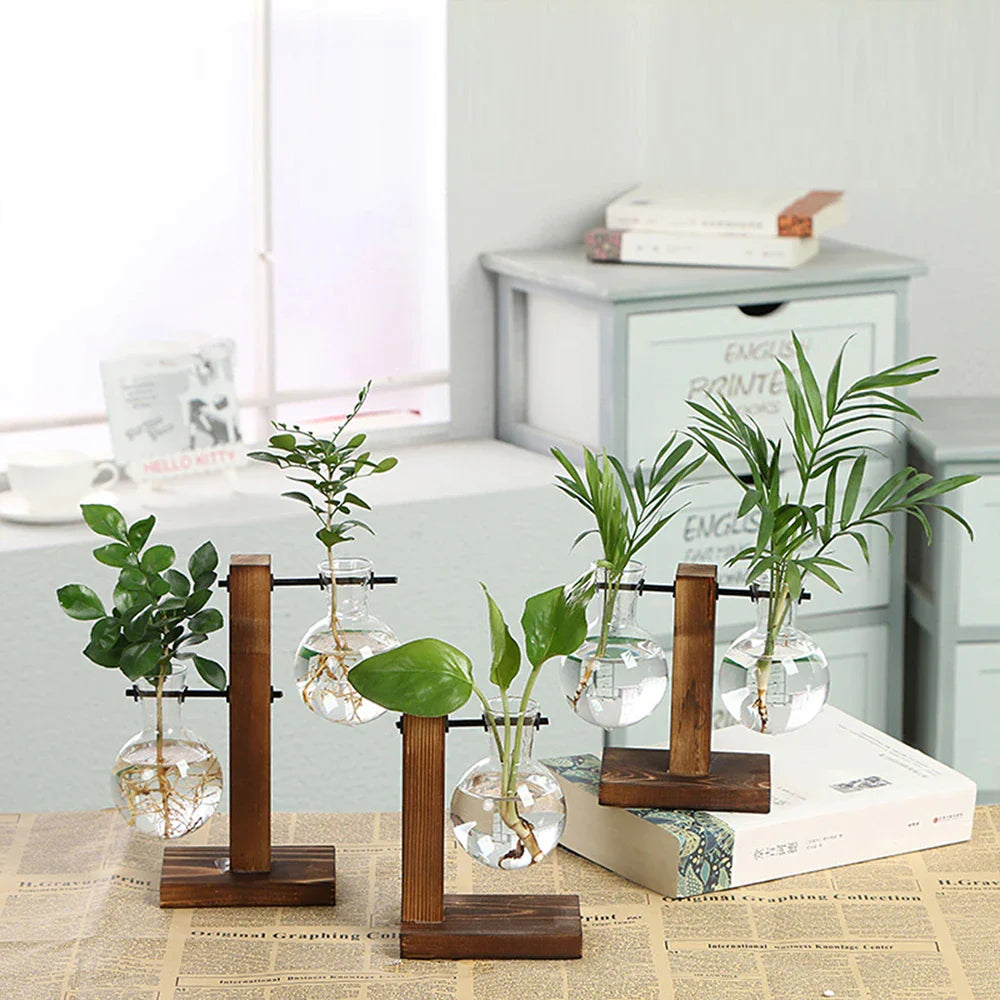 Glass Vase with Wooden Stand, Decorative Tabletop Flower Vase