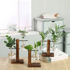 Glass Vase with Wooden Stand, Decorative Tabletop Flower Vase