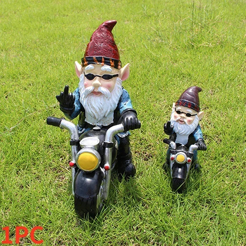 Motorcycle Garden Gnome Statue – Funny Resin Dwarf Outdoor Yard Decor