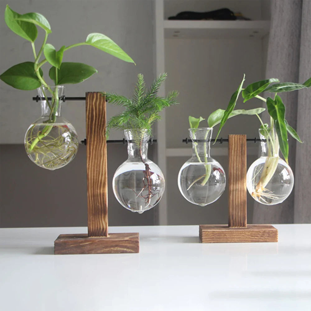 Glass Vase with Wooden Stand, Decorative Tabletop Flower Vase