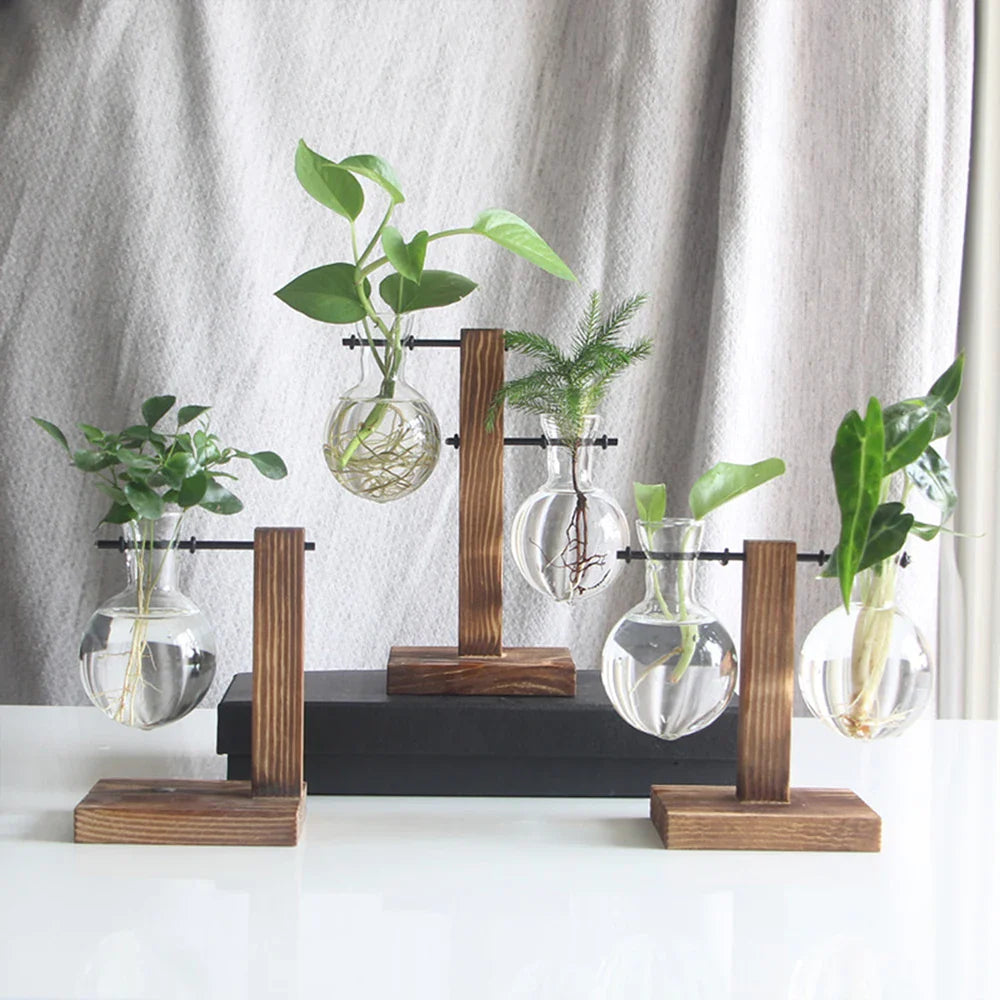 Glass Vase with Wooden Stand, Decorative Tabletop Flower Vase