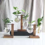 Glass Vase with Wooden Stand, Decorative Tabletop Flower Vase