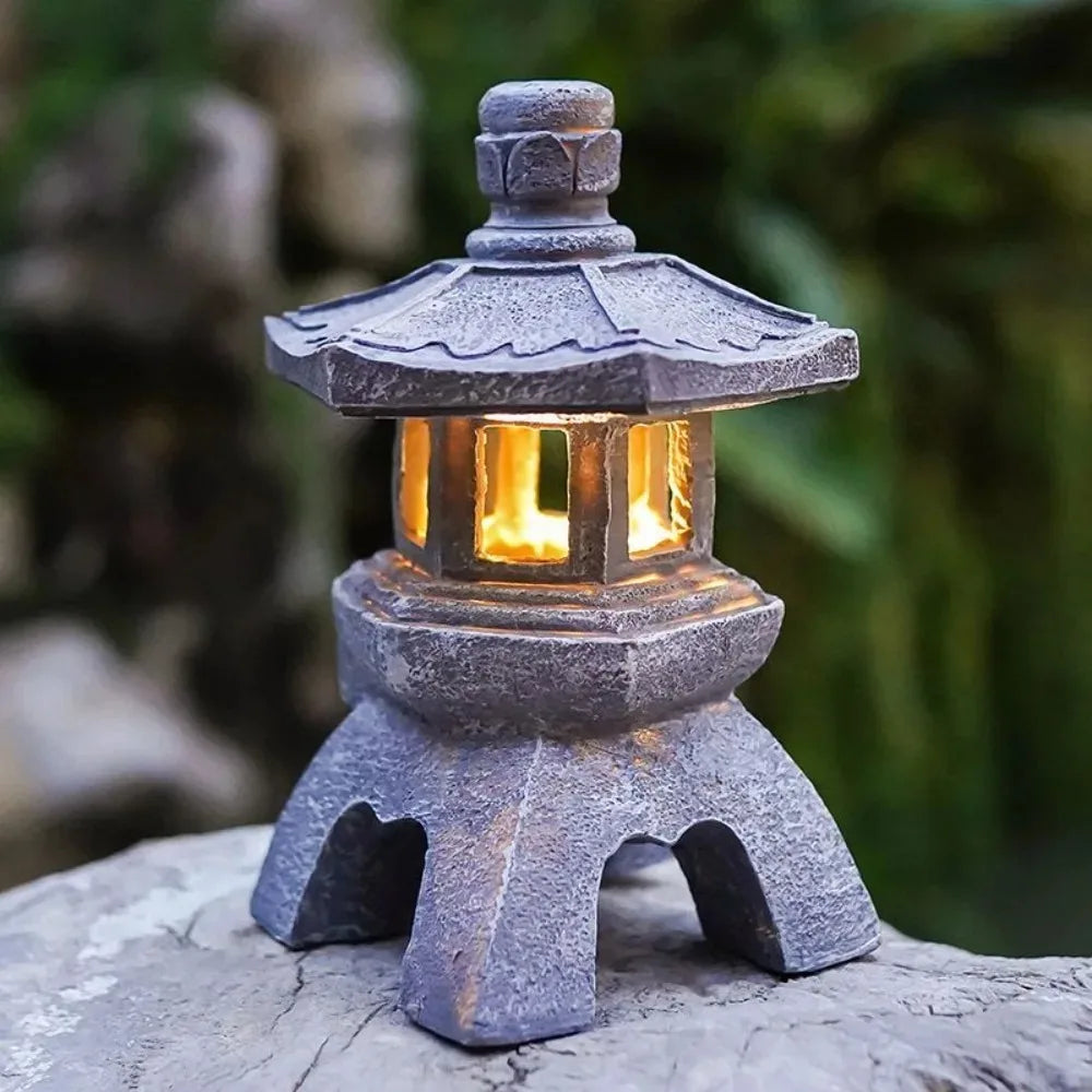 Solar Lantern Resin Stone Pagoda Garden Outdoor Light