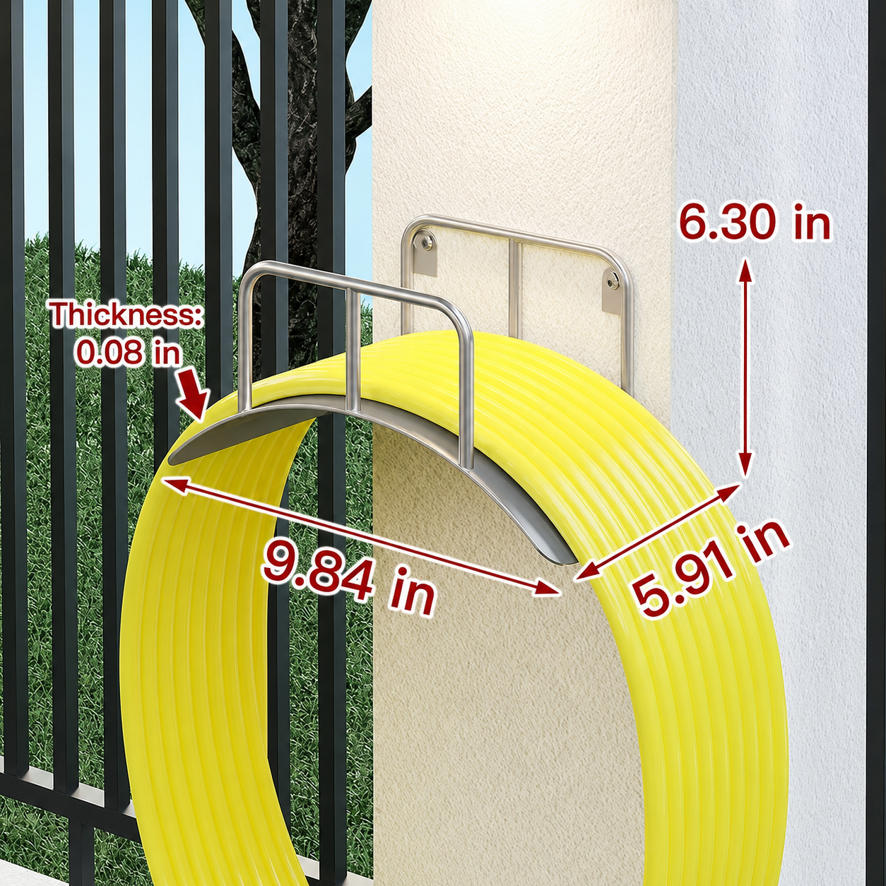 Silver 304 stainless steel wall-mounted garden hose holder showing 9.84 x 5.91 x 6.30 inch dimensions