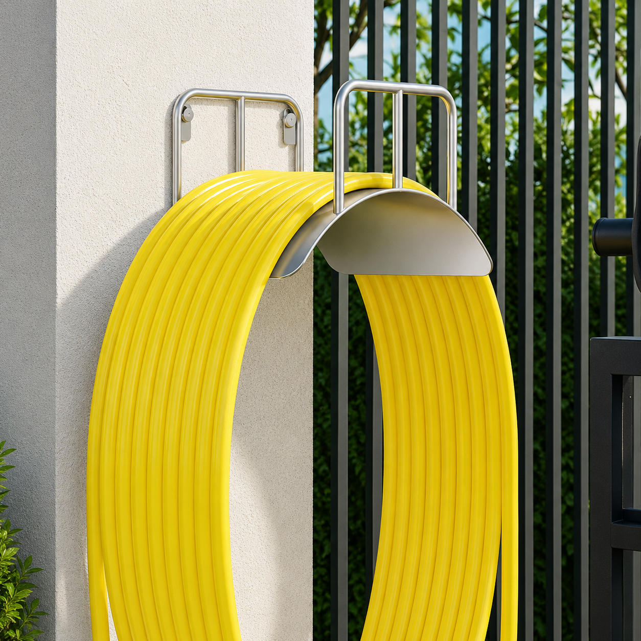 Silver 304 stainless steel wall-mounted garden hose holder storing a coiled yellow hose