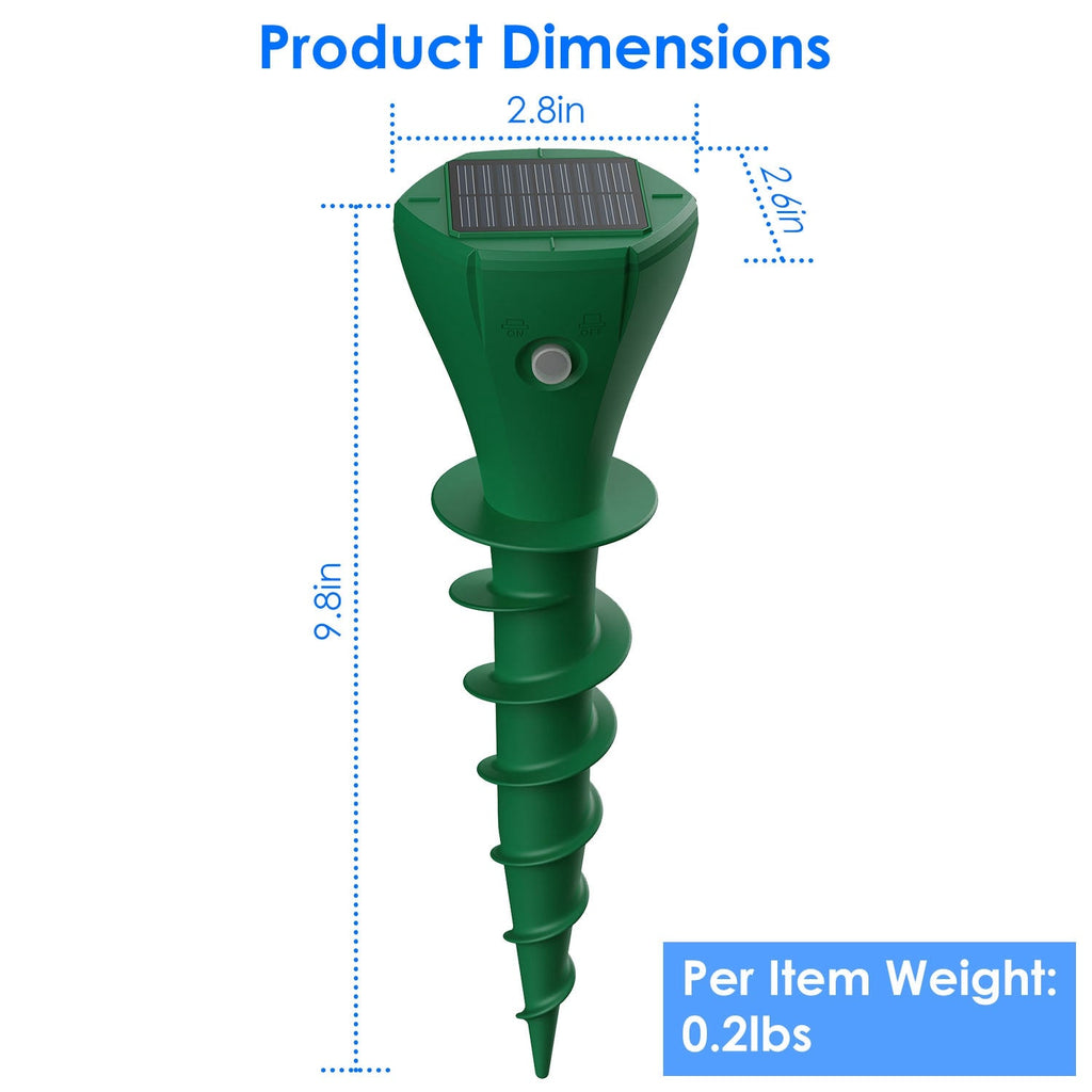 Solar mole repellent stake dimensions showing 7.8 in height, 2.8 in width, 2.6 in depth, and 0.2 lb weight