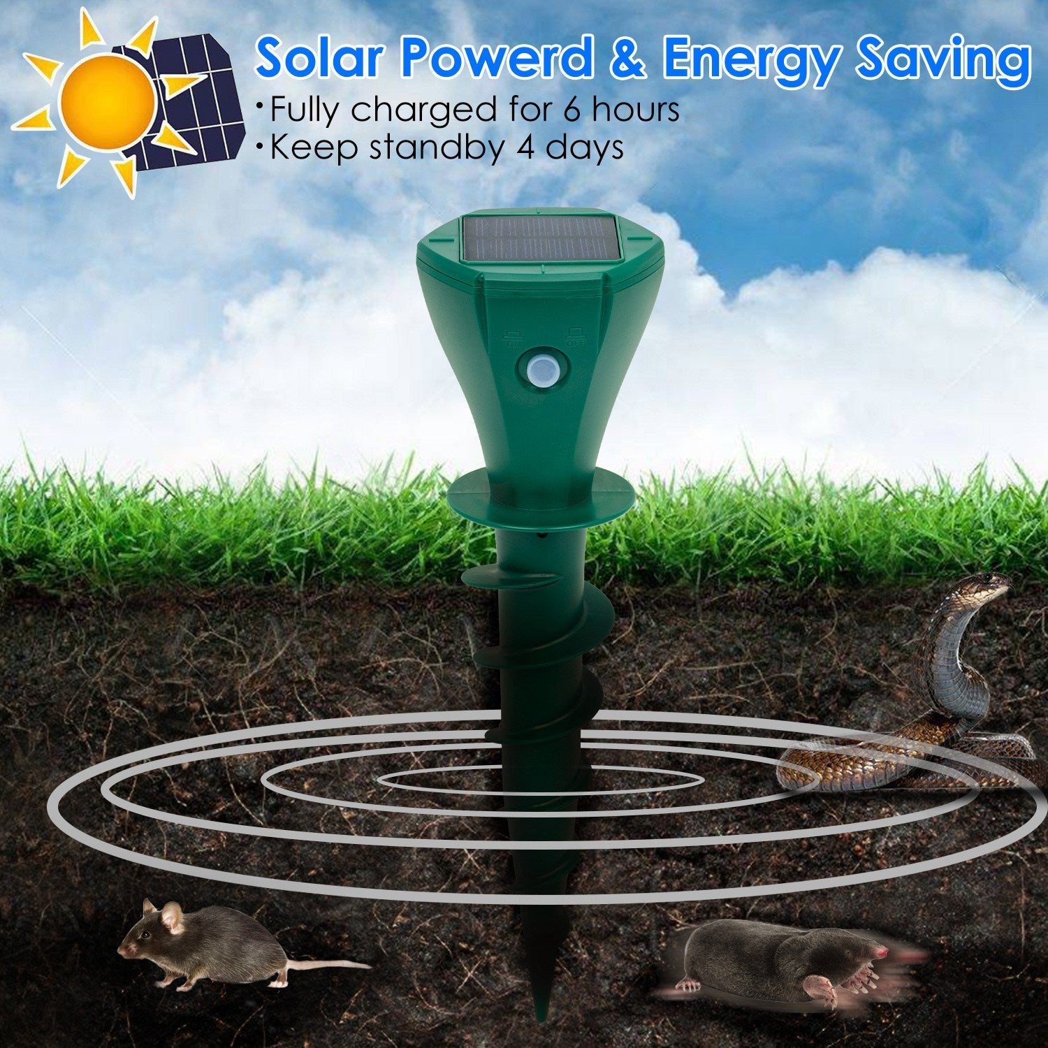 Solar-powered mole repellent stake with vibration for outdoor lawn and garden pest control