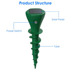 Solar mole repellent stake product structure showing solar panel, power switch, and ground tube