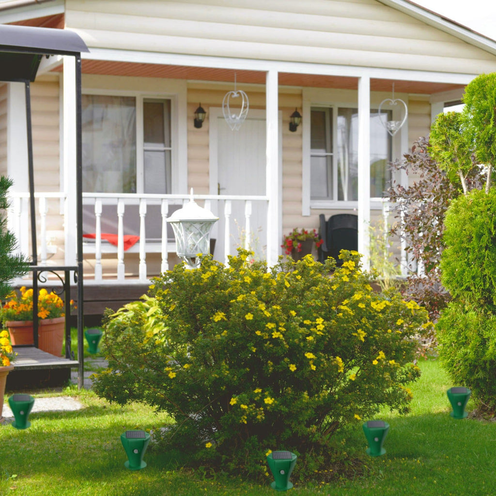 Solar mole repellent stakes installed around a lawn and garden for outdoor pest control