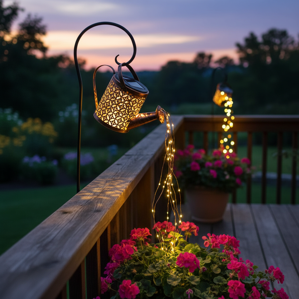 Solar Watering Can Garden Light with Waterfall LED for Outdoor Decor