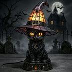 Halloween Gothic Black Cat Witch Hat Lamp, Stained Glass Style Decor