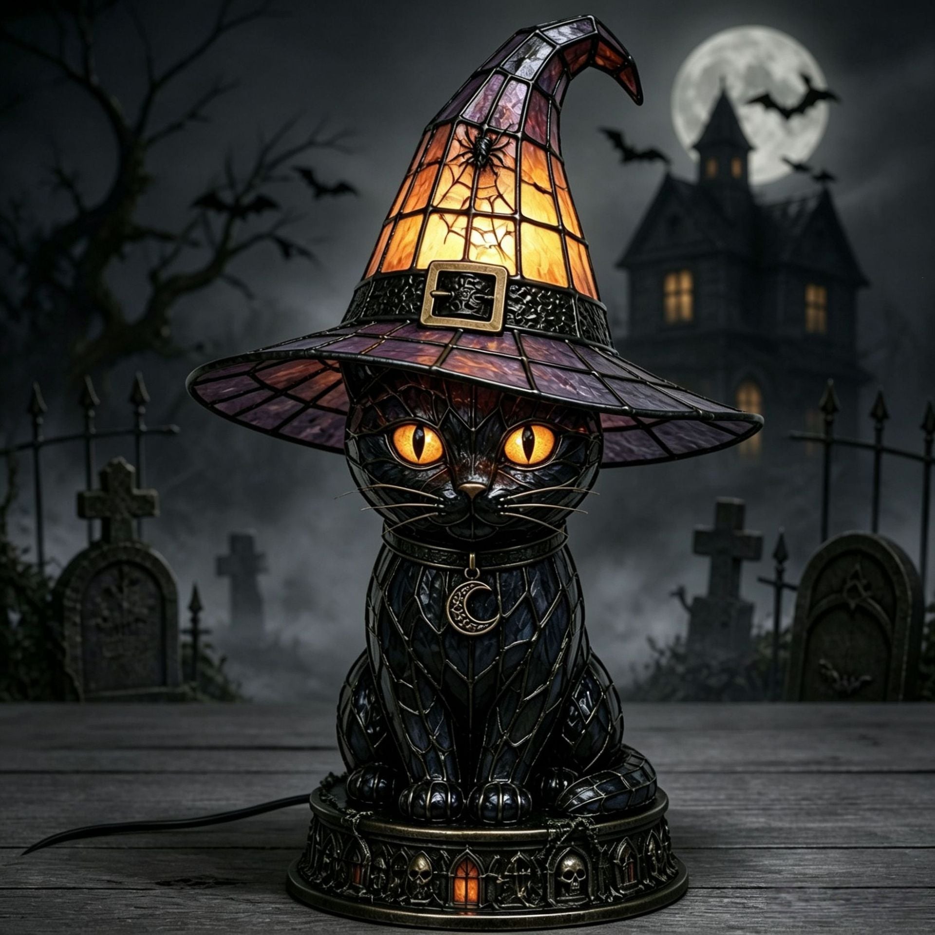 Halloween Gothic Black Cat Witch Hat Lamp, Stained Glass Style Decor