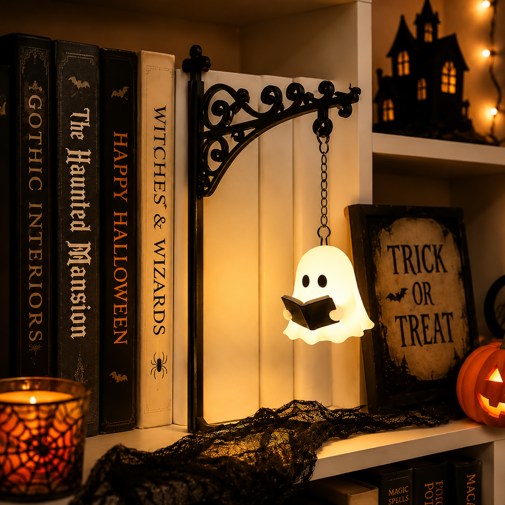 Halloween Ghost Bookshelf Lamp, Warm White Cordless Decorative Light