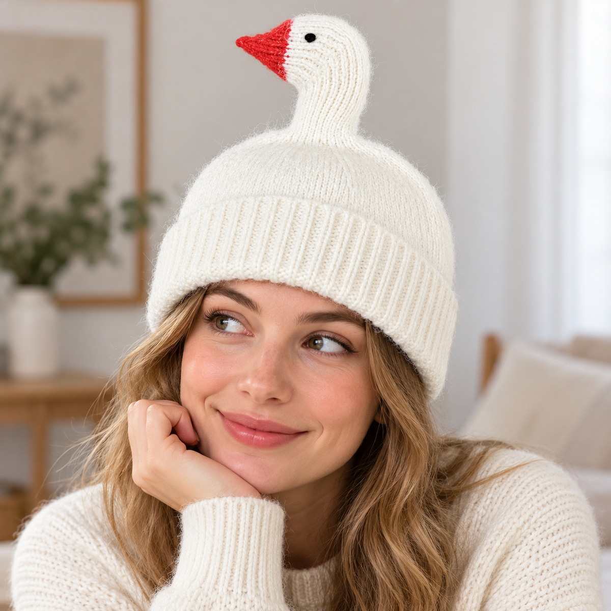 Funny Goose Head Knitted Beanie Hat for Fall and Winter