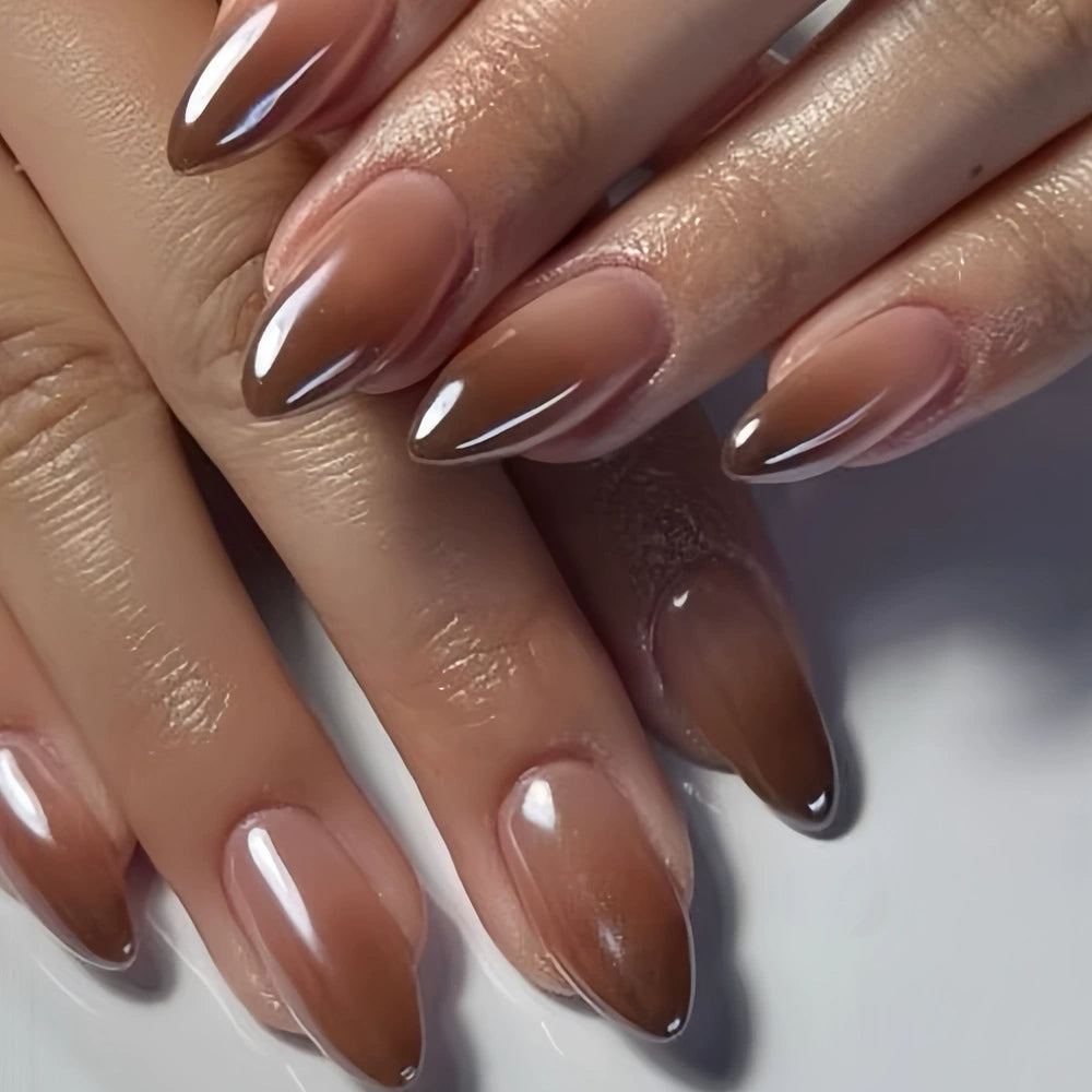 Chocolate Brown Ombre French Short Almond Press On Nails | 24 Count