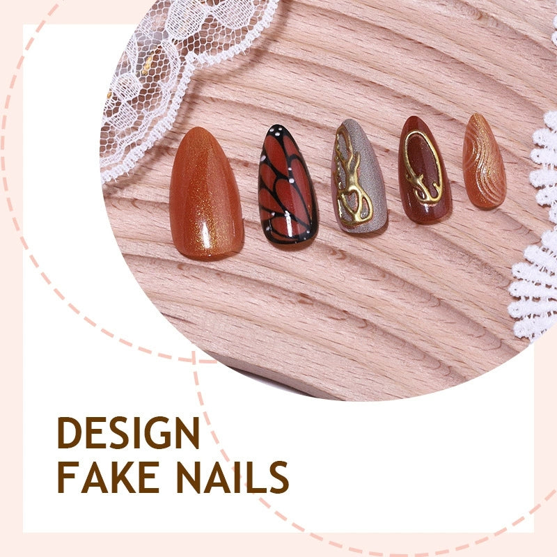 Brown Butterfly Press On Nails – Gold Chrome Medium Almond Design