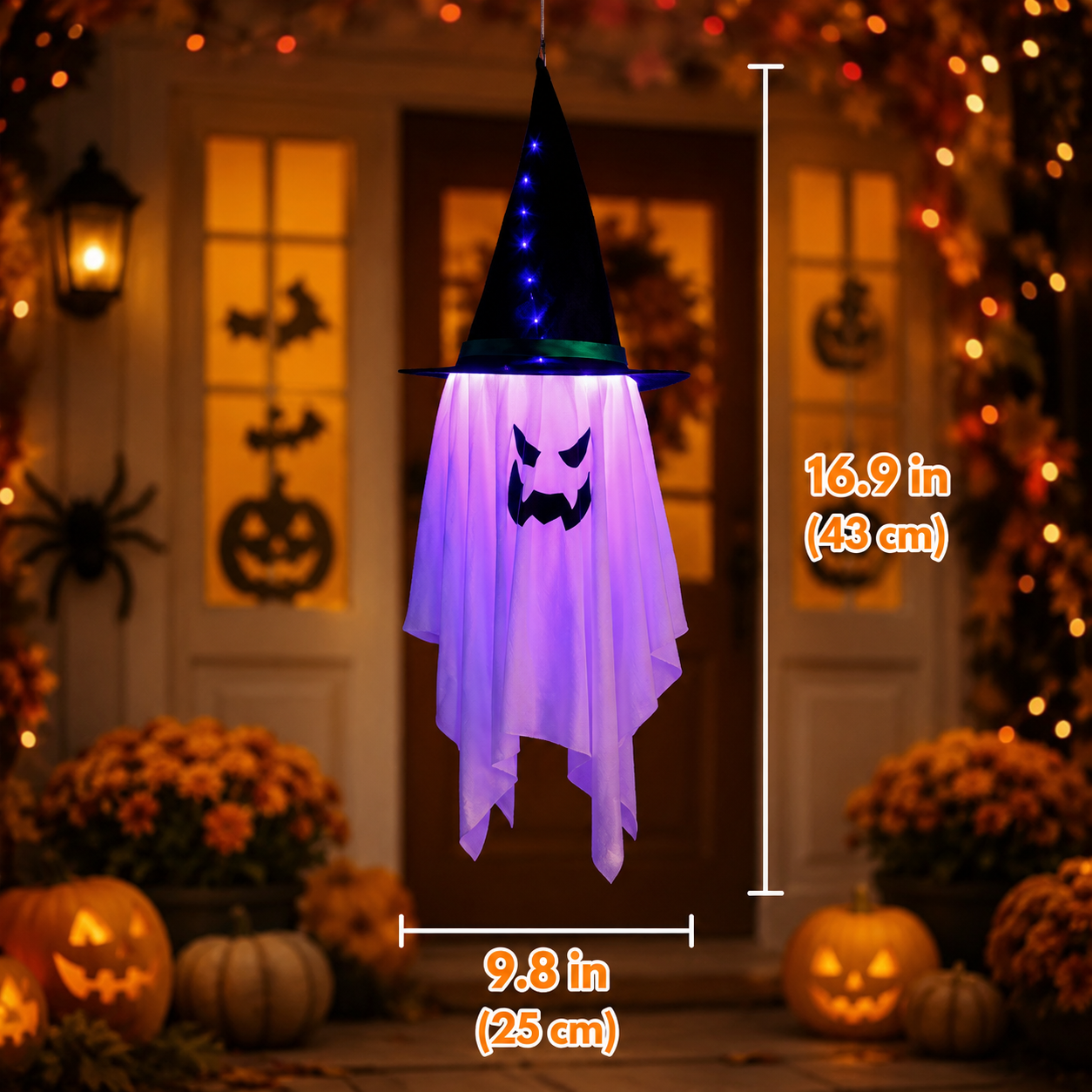 2-Pack Light Up Hanging Ghost Decorations with Witch Hats for Porch & Yard