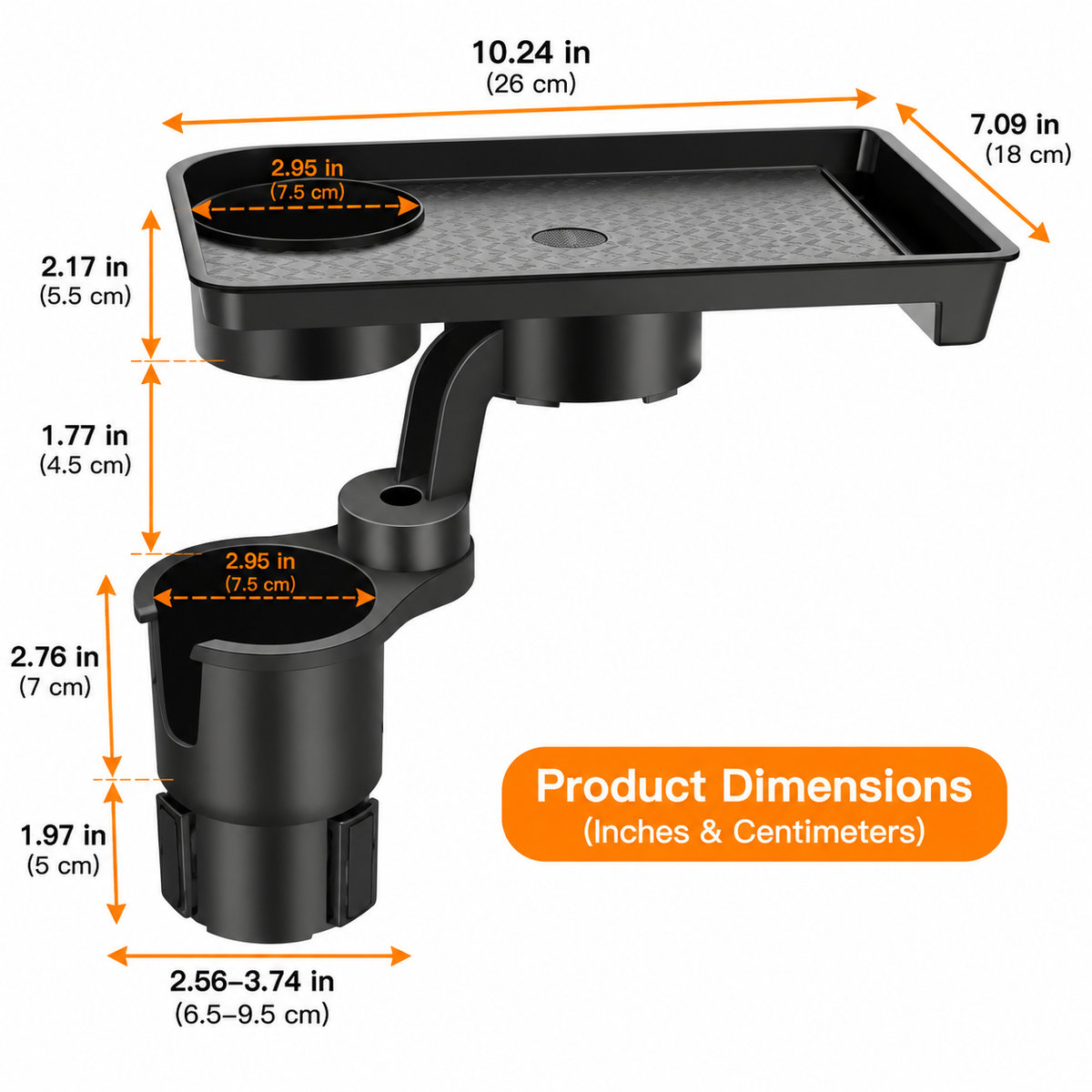 Car Cup Holder Tray with 360° Adjustable Food Tray & Extra Cup Holder