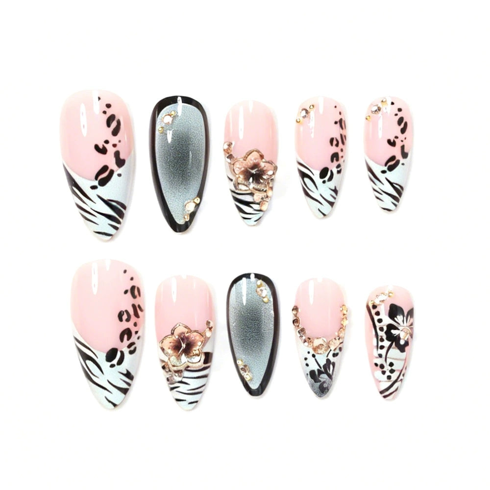 Short Almond Press On Nails – Green Leopard & 3D Floral Design
