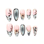 Short Almond Press On Nails – Green Leopard & 3D Floral Design