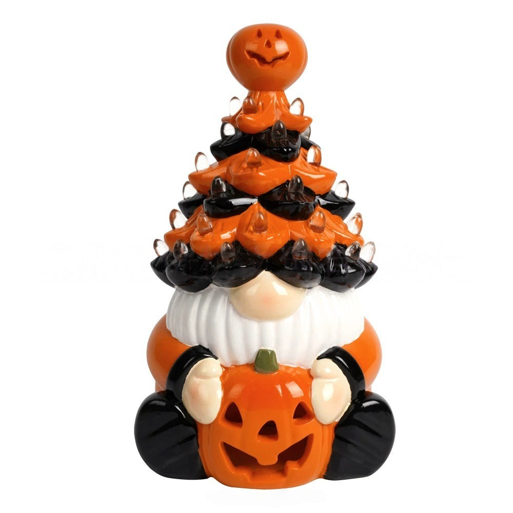 Lighted Halloween Resin Tree, Pumpkin Gnome Tabletop Decor