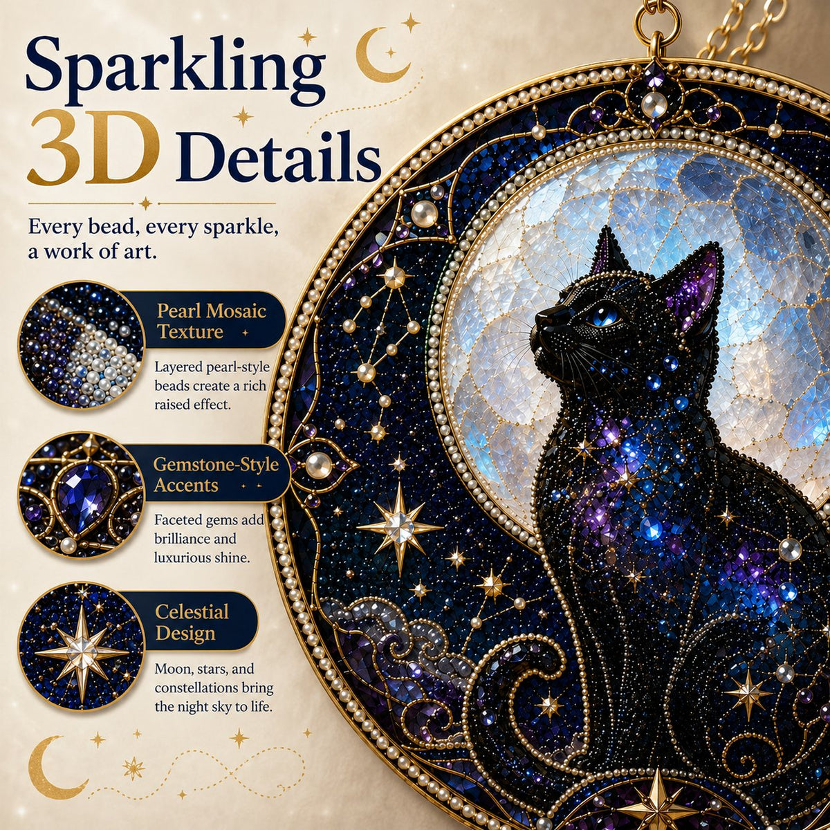 3D Pearl Celestial Black Cat Window Hanging Kit
