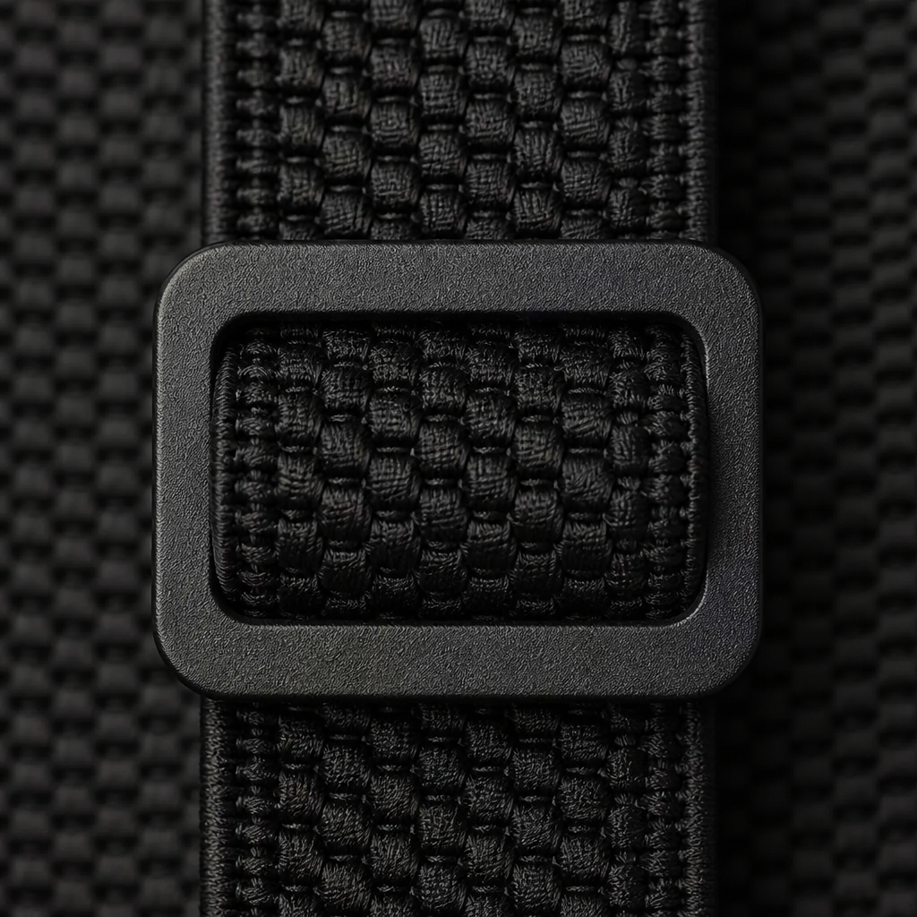 Close-up of adjustable buckle on men's belt loop suspenders