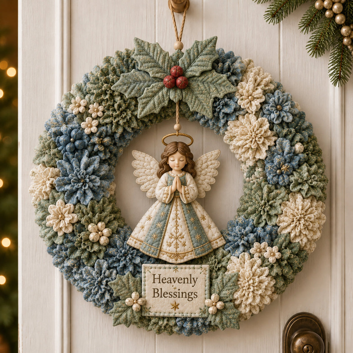 Blue and cream fabric wreath with an angel centerpiece