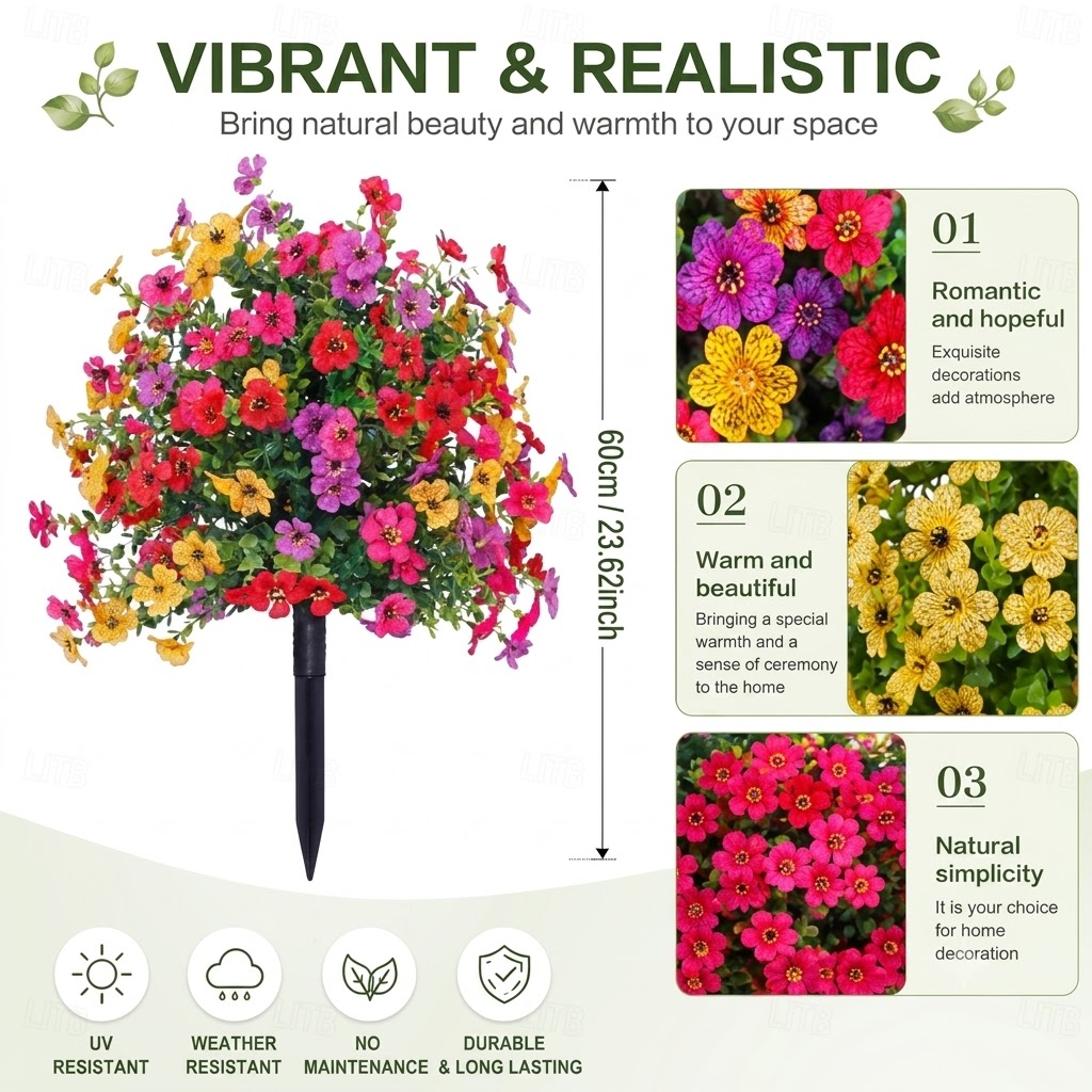 Artificial flower stake with multicolor blooms highlighting UV resistance, weather resistance and low maintenance