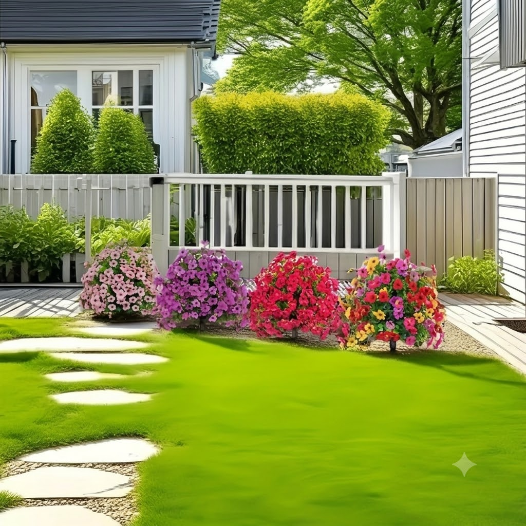 Colorful artificial flower stakes displayed in a backyard garden beside a lawn and patio
